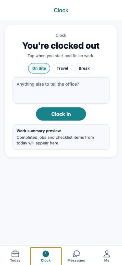 Crewzon mobile clock screen showing clock in options and a work summary preview.